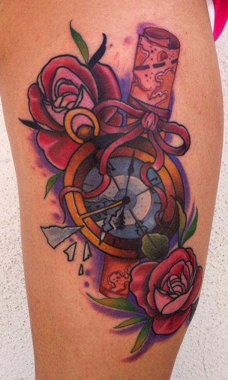 Mike Riedl - traditional color compass with a map and roses tattoo, Art Junkies Tattoos Mike Riedl